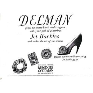 Delman Jet Buckles Shoes Slippers Bergdorf Goodman NYC 1940s Vintage Print Ad